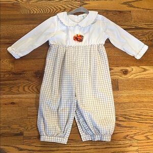 White and Tan Thanksgiving Turkey Checkered Baby Longall Romper